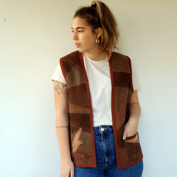 Patchwork Vest , vintage Boho Hippie Cuir Suede Marron Hippy Gilet Western Country Shirt Top 80s // M