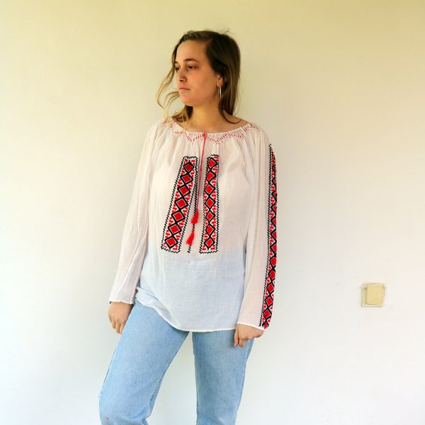 Hungarian Gauze Blouse, Vintage 60s Hand Embroidered Shirt Dress Boho Hippie White Red Cotton needlepoint Romanian Blouse 1970s // O.S