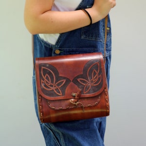 Tooled Leather Bag , Vintage 70s Handmade Brown Boho Hippie Celtic Handbag Shoulder Messenger Hippy 1970s image 1