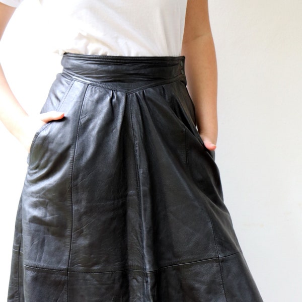 Black Leather Skirt, Vintage 80s Boho Hippie High Waist Dress Gothic Hipster Black Skirt Midi Maxi // S / SMALL