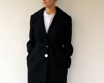 Dolce & Gabbana Coat, Vintage 90s Classy Black Wool Coat Belted Trendy Minimal Elegant Women Coat Outwear Long Midi Jacket Dress//S/M