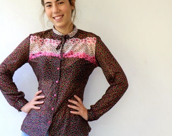 Floral Secretary Blouse, Vintage 70s 80s Boho Black and Pink Collar Tie Neck Shirt Novelty // S