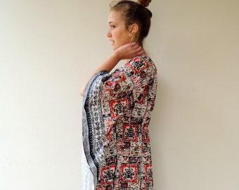 Sukienka maxi z bawełny w stylu vintage z lat 70. z nadrukiem afrykańskim, rękawami motylkowymi w stylu boho // O/S