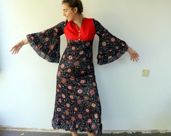 Vintage 70er Jahre Engel Ärmel Maxi Kleid Empire Taille Boho Rot Schwarz S M