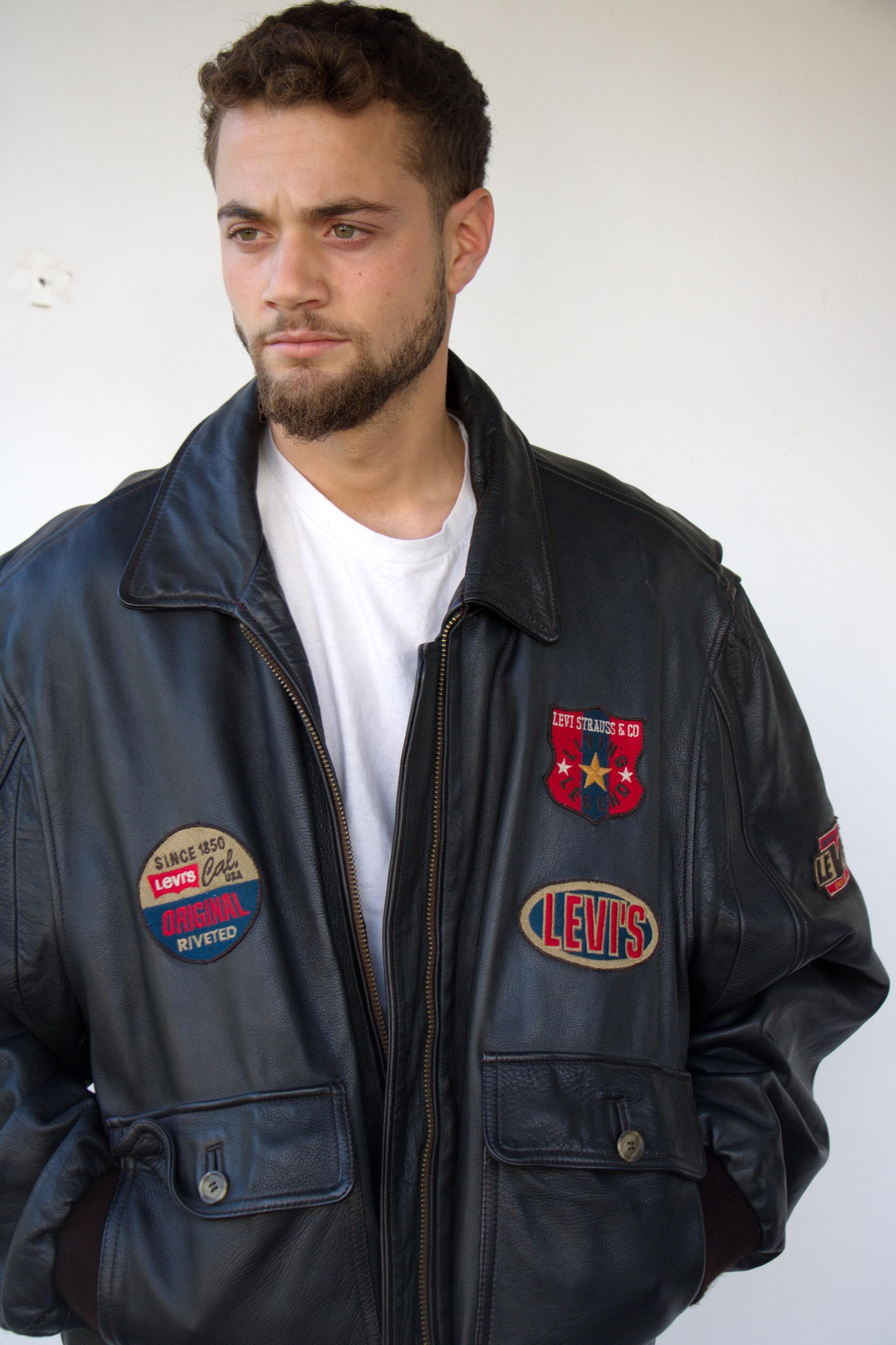 Vintage 90s Levi's Leather Bomber Jacket Patch Logo Flight Jacket