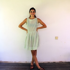 Vintage 60s Eyelet Dress, Mint Green Cotton Mini Sundress High Waist Boho Summer Dress // S