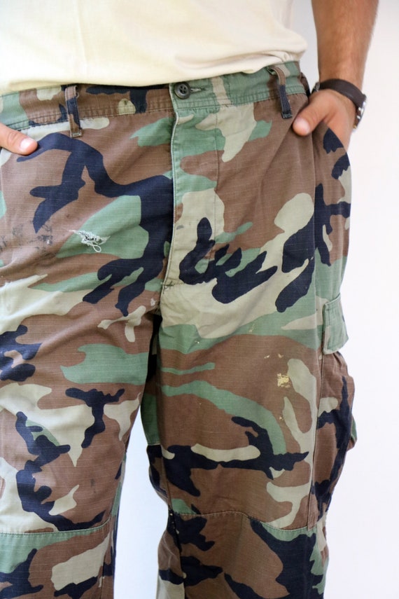 Camouflage Trousers, Vintage Distressed Military Army Combat Pants Boho  Hippie Hipster Cargo Camo Pants Unisex // L /XL 