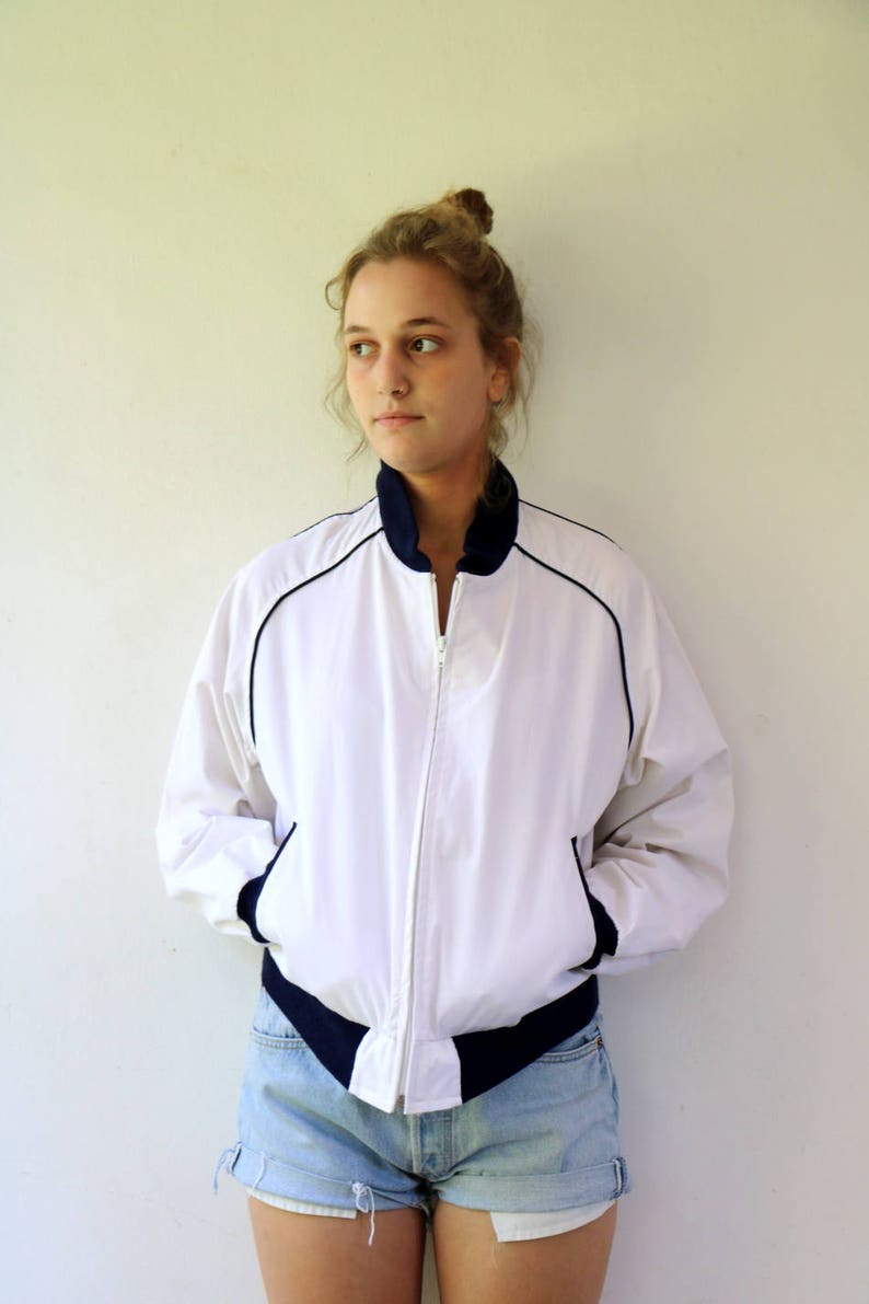 White Cropped Jacket, Vintage 70s Sports Athletic Coat, Cotton Blend