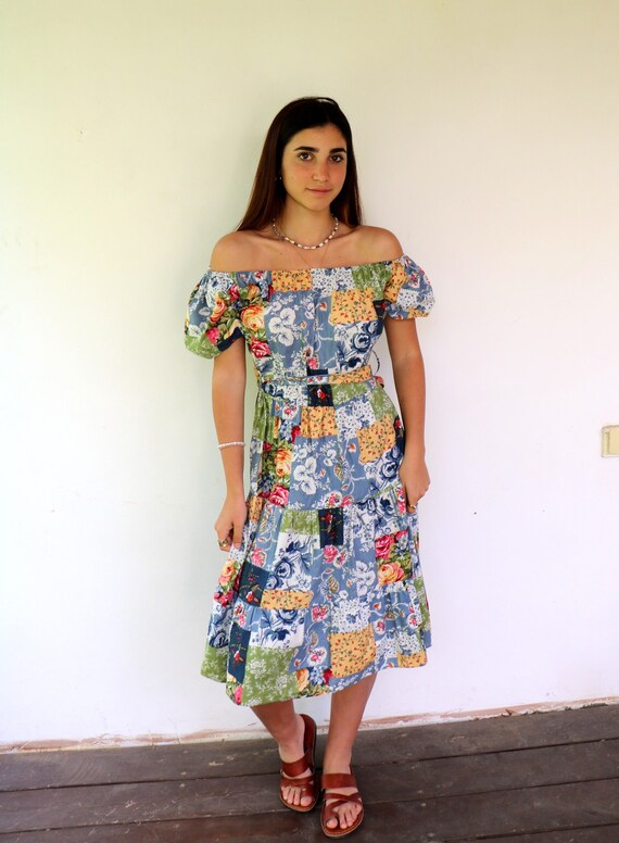 Vintage 80s Off Shoulder Patchwork Dress, Boho Fl… - image 5
