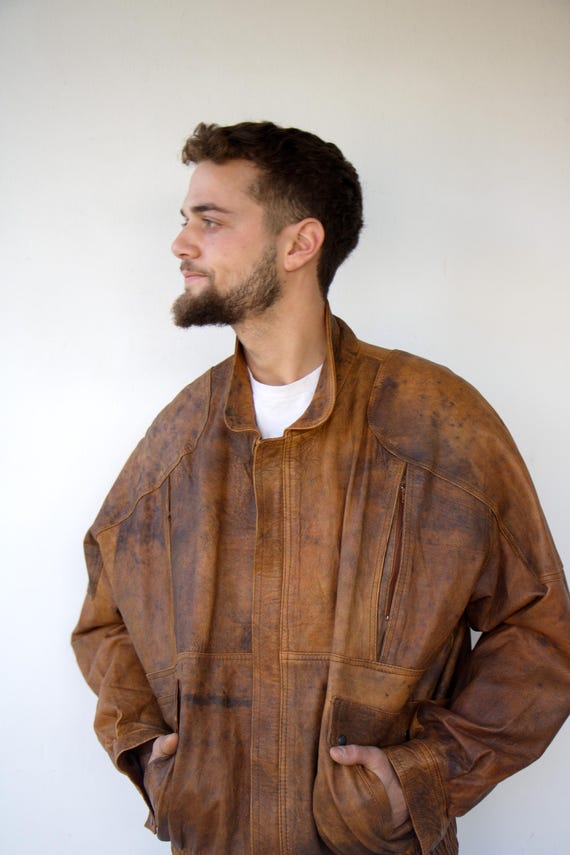 Vintage 90s Brown Leather Bomber Jacket Distressed Patina M L - Etsy