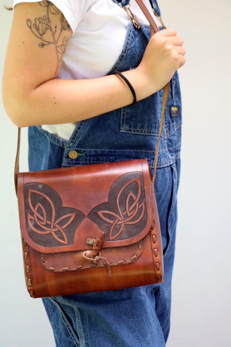 Tooled Leather Bag , Vintage 70s Handmade Brown Boho Hippie Celtic Handbag Shoulder Messenger Hippy 1970s image 3