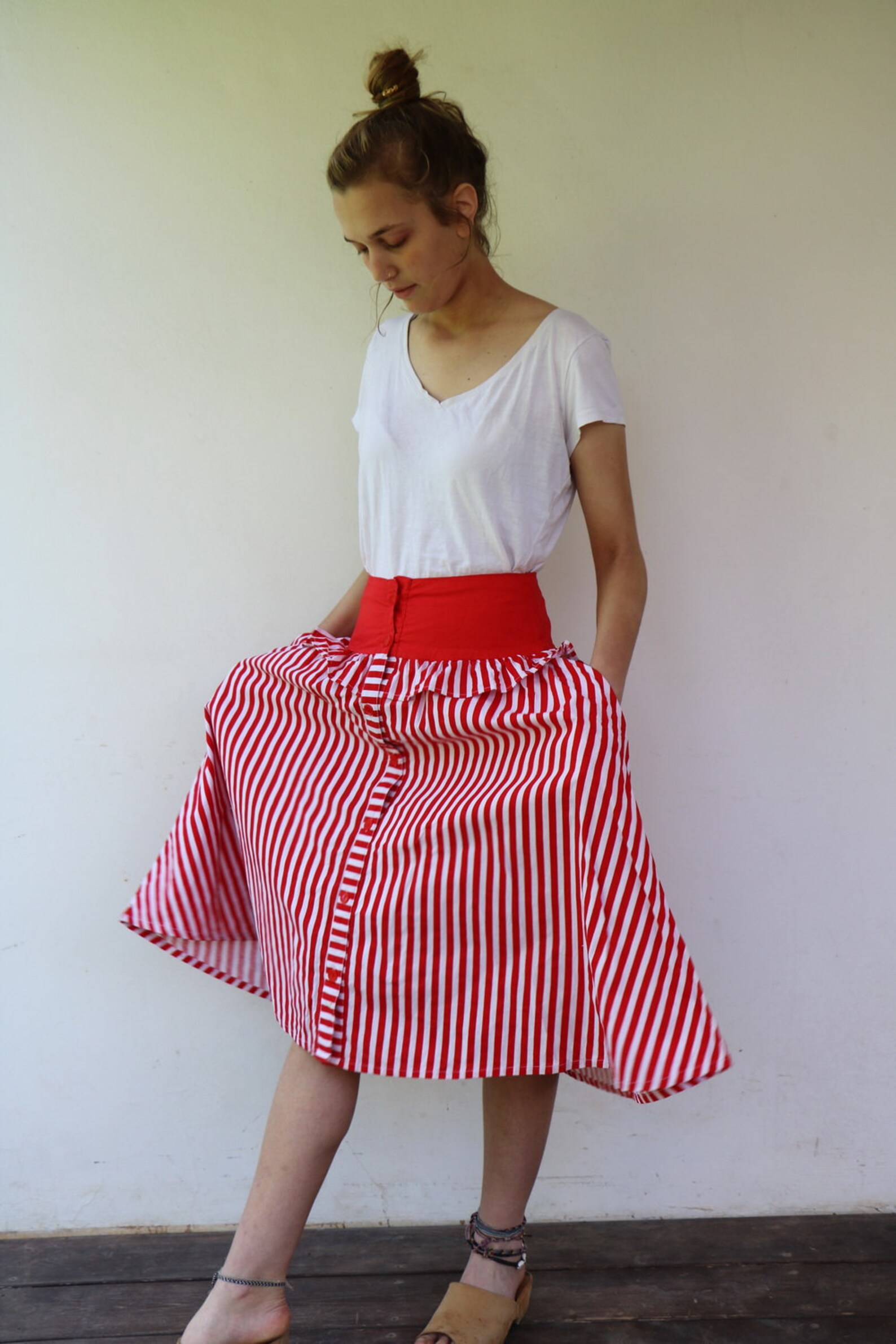 Striped Skirt Vintage 80's Red White Striped Cotton Skirt | Etsy
