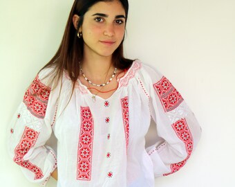 Romanian Blouse, Vintage 60s Hand Embroidered White Red