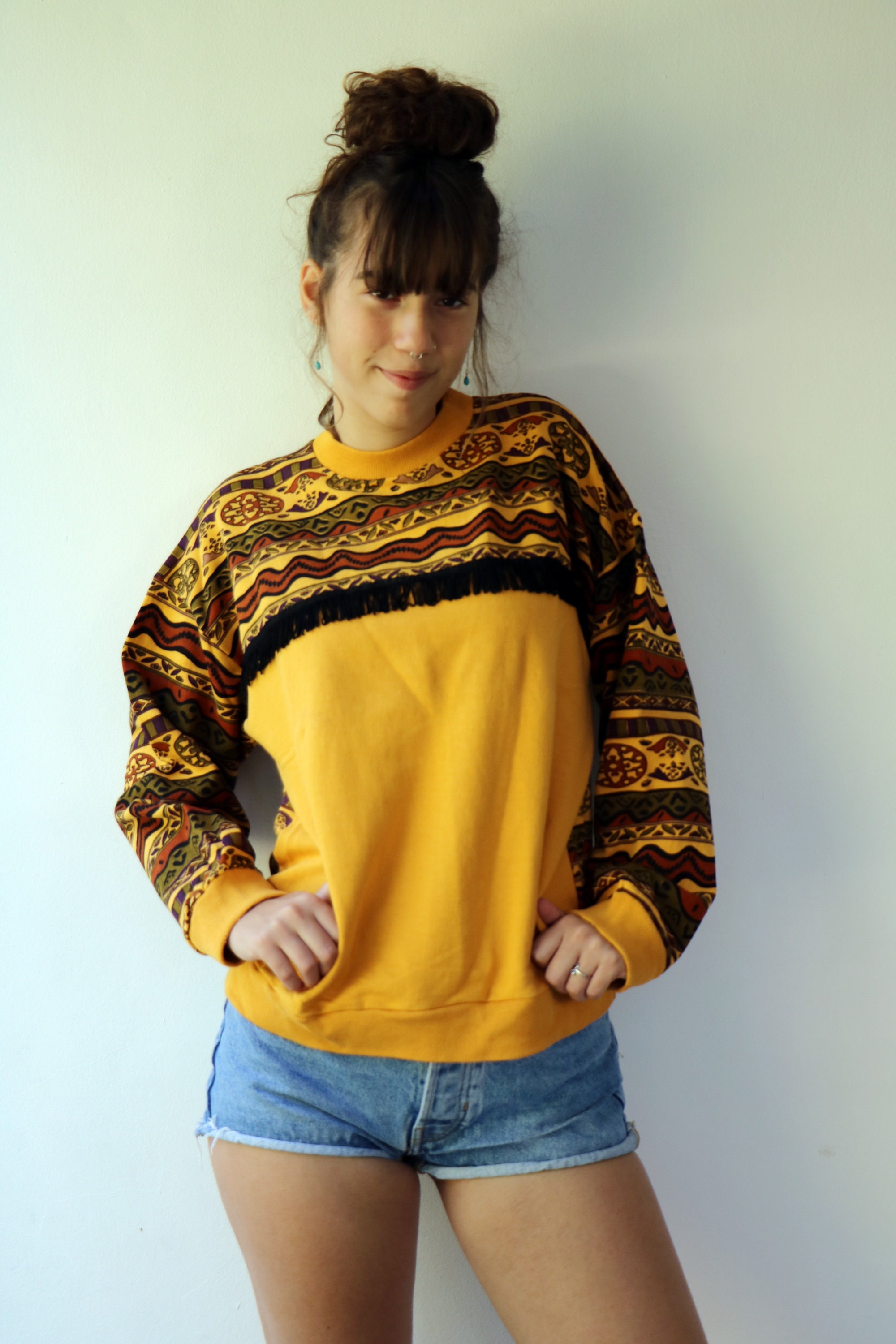 Vintage Embroidery Loose Fringed Hoodie Sweatshirt Dress