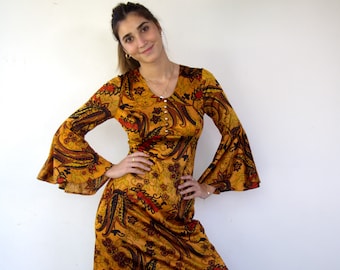 Vintage 70s Empire Waist Floral Maxi Dress, Psychedelic Bell Sleeve // S