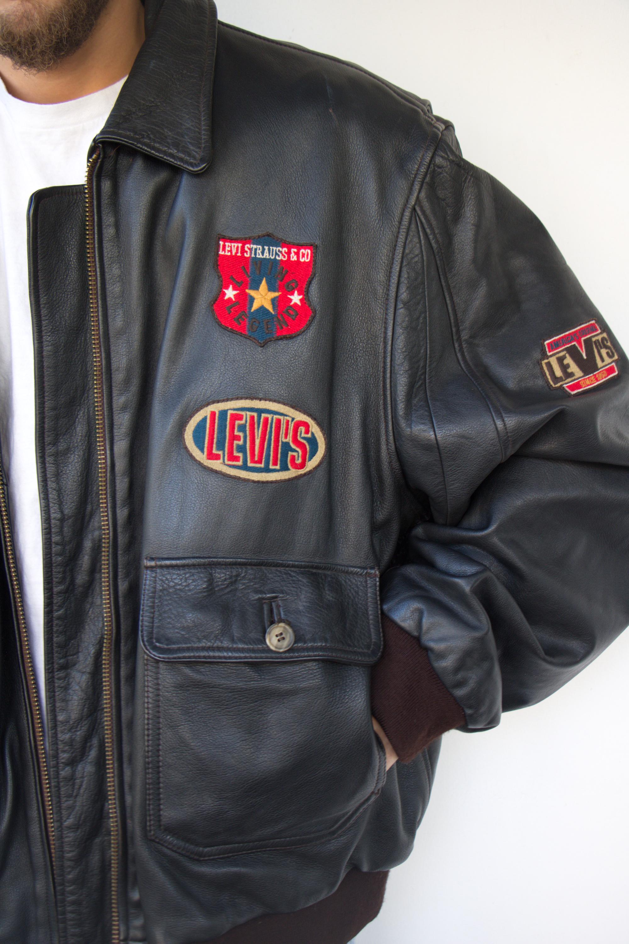 フクスキ~90s Levi's / leather jacket Vintage 90s Levi's Leather Bomber Jacket Patch Logo Flight Jacket