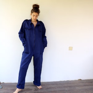 Workwear Coveralls, Vintage 70s Blue Jumpsuit Dungarees Overalls Mechanic Suit Boho Hippie Cotton Work Wear Oversize Utility 80s // O.S image 1