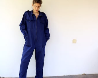 Workwear Coveralls, Vintage 70s Blue Jumpsuit Dungarees Overalls Mechanic Suit Boho Hippie Cotton Work Wear Oversize Utility 80s // O.S