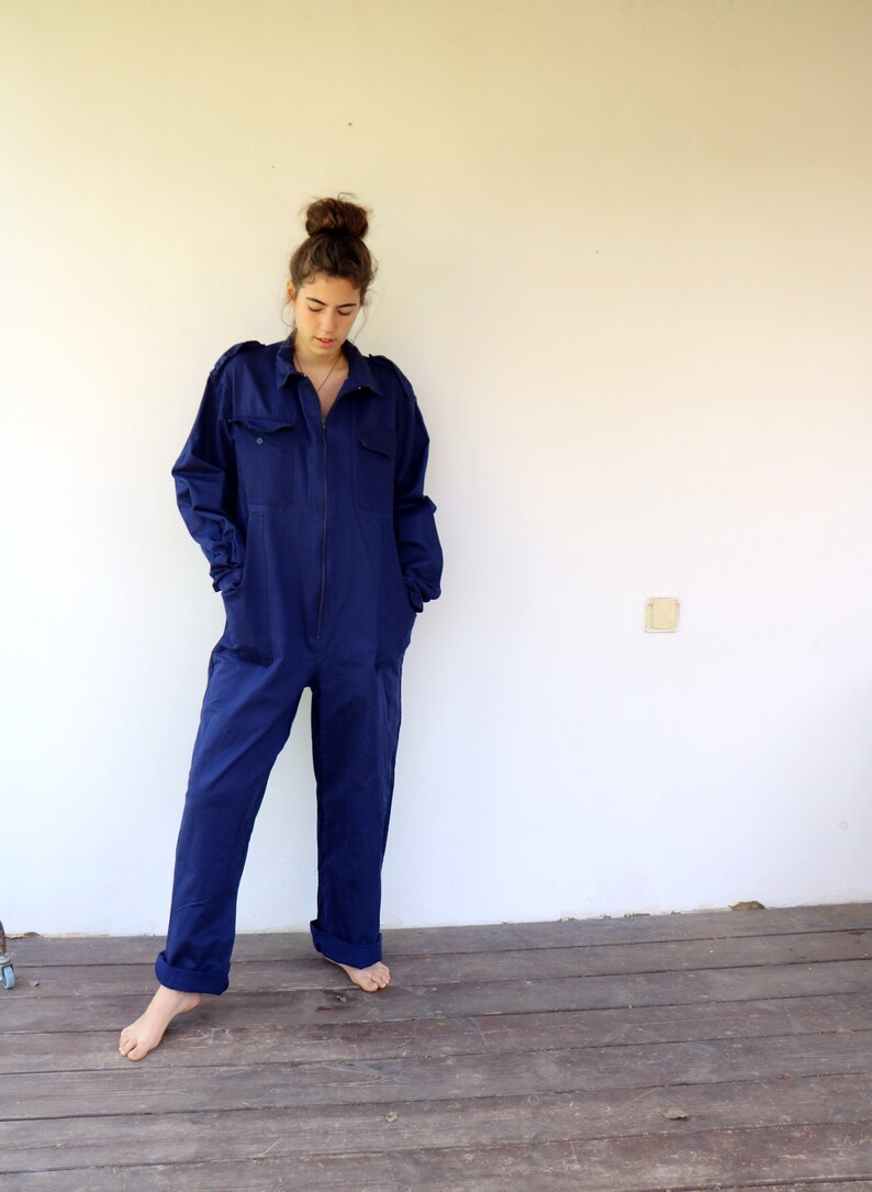 Workwear Coveralls, Vintage 70s Blue Jumpsuit Dungarees Overalls Mechanic Suit Boho Hippie Cotton Work Wear Oversize Utility 80s // O.S image 1