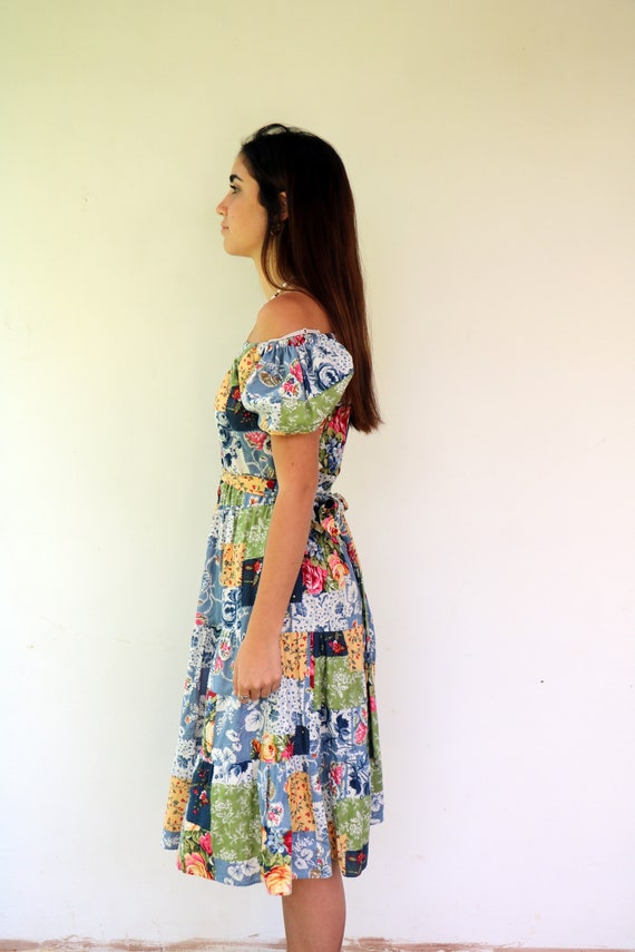 Vintage 80s Off Shoulder Patchwork Dress, Boho Fl… - image 8