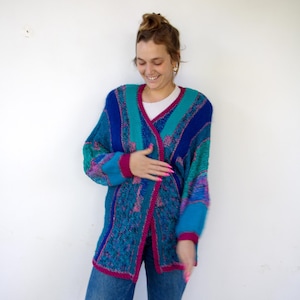 Vintage 80s Handmade Patchwork Knit Cardigan Geometric Colorful Boho Hippie Sweater Glitter Knitwear Wicked Stitch of the West //M/L