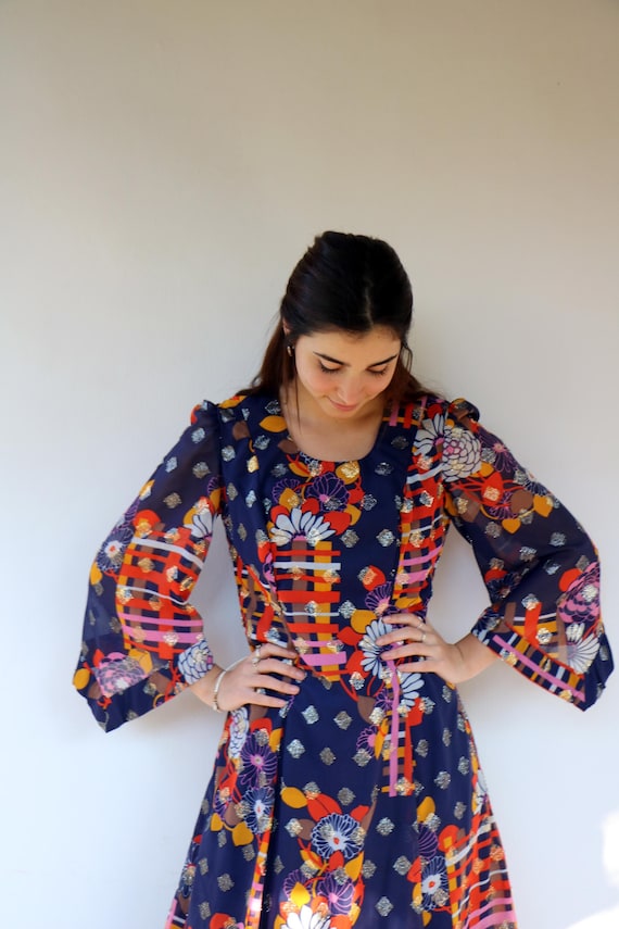 Vintage 60s 70s Chiffon Maxi Dress, Navy Floral Metallic Thread Evening Gown 1flared Sleeves // M/L