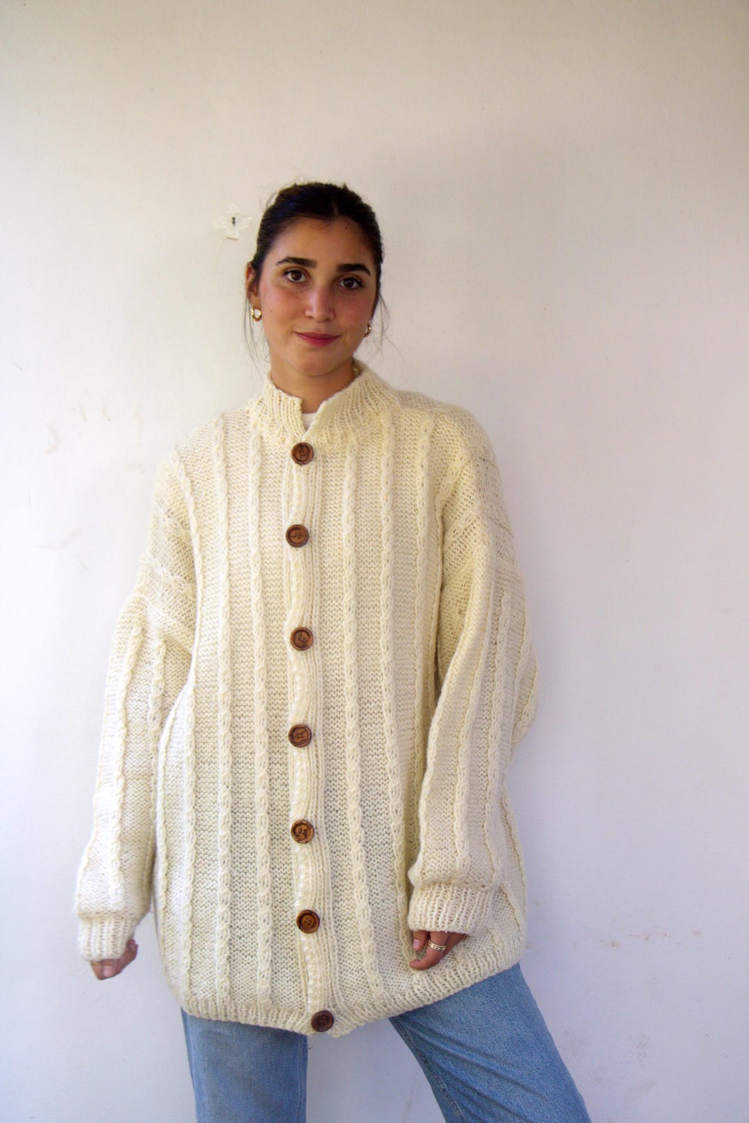 Textured Knit Vintage Button Cardigan Top
