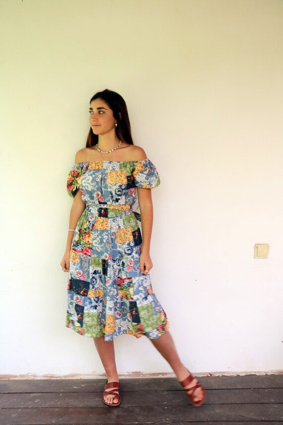Vintage 80s Off Shoulder Patchwork Dress, Boho Fl… - image 2