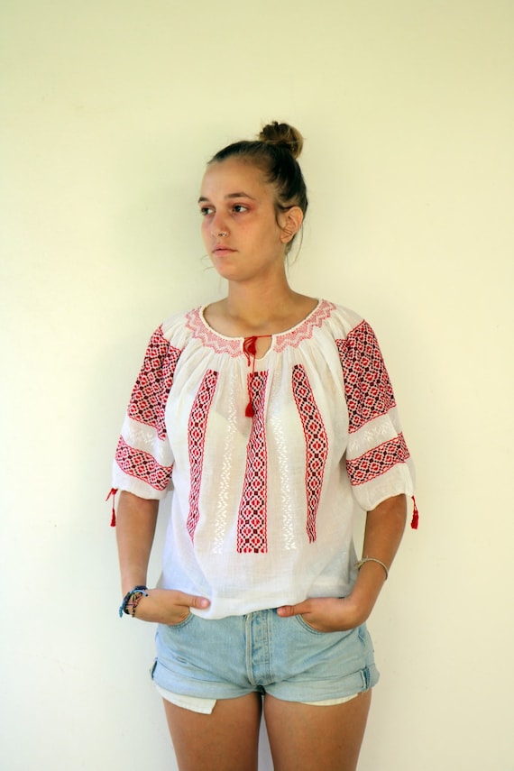Romanian Blouse, 60s Vintage Hand Embroidered Shir