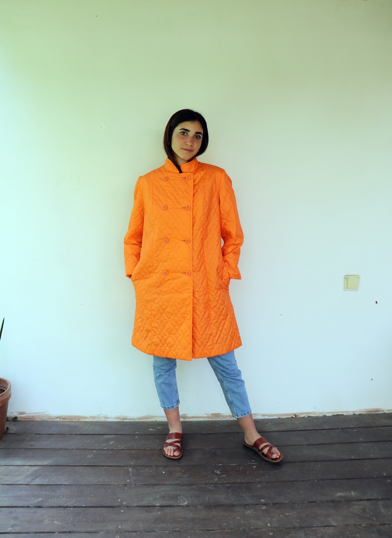 Quilted Coat, Vintage 50s 60s Boho Hippie Orange Puffer Hippy Lady Utex Mod Double Breast Coat Dress The Aristocrat of Fashion 1960s // O.S image 2