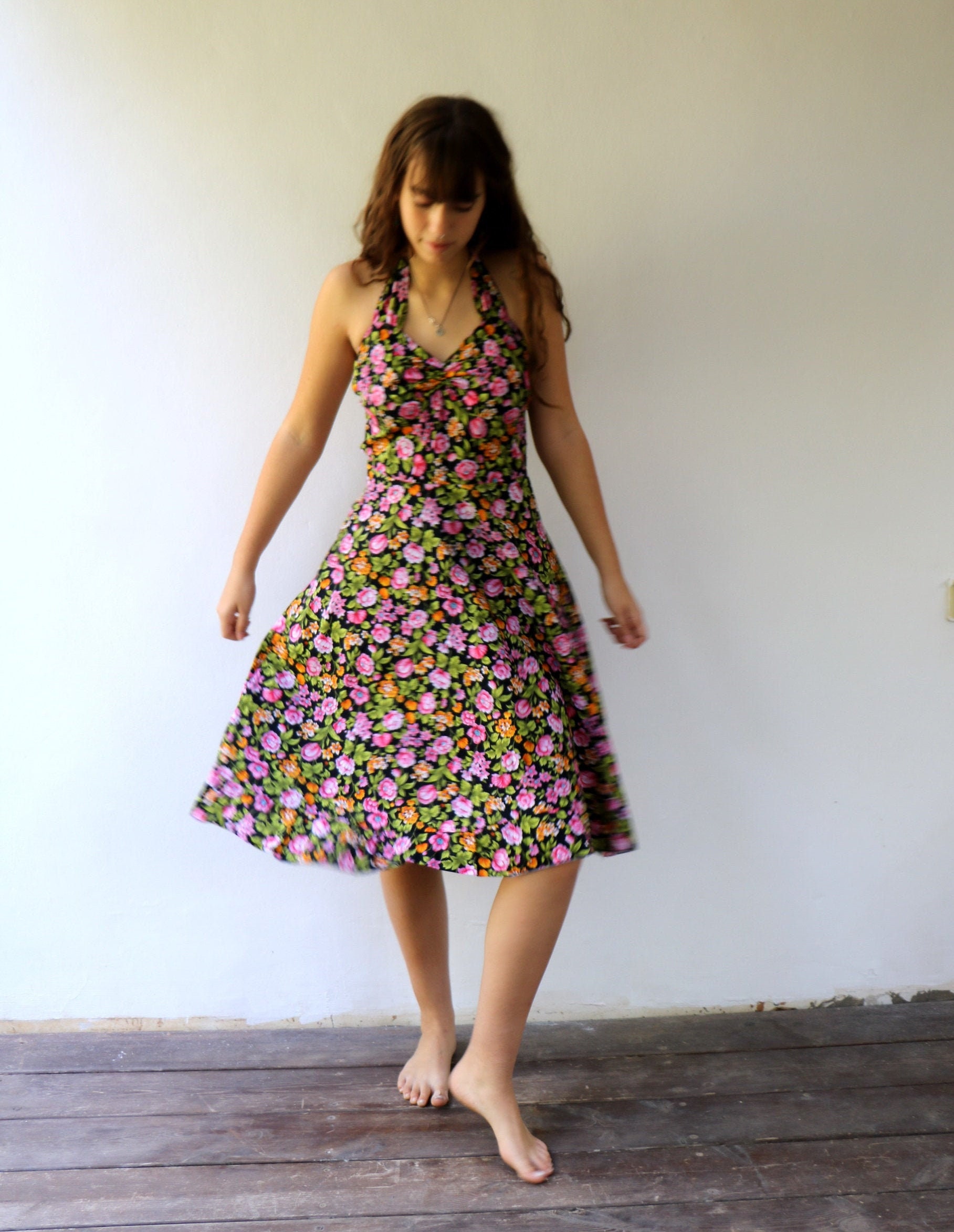 【Since Then】Halter Suspender Floral Swing Tea Dress Black Hibiscus Flower Halter Swing Dress | Hot Topic