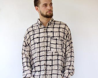 Vintage 90s Abstract Print Shirt Black Beige, Viscose Button Up Long Sleeve Mens // L