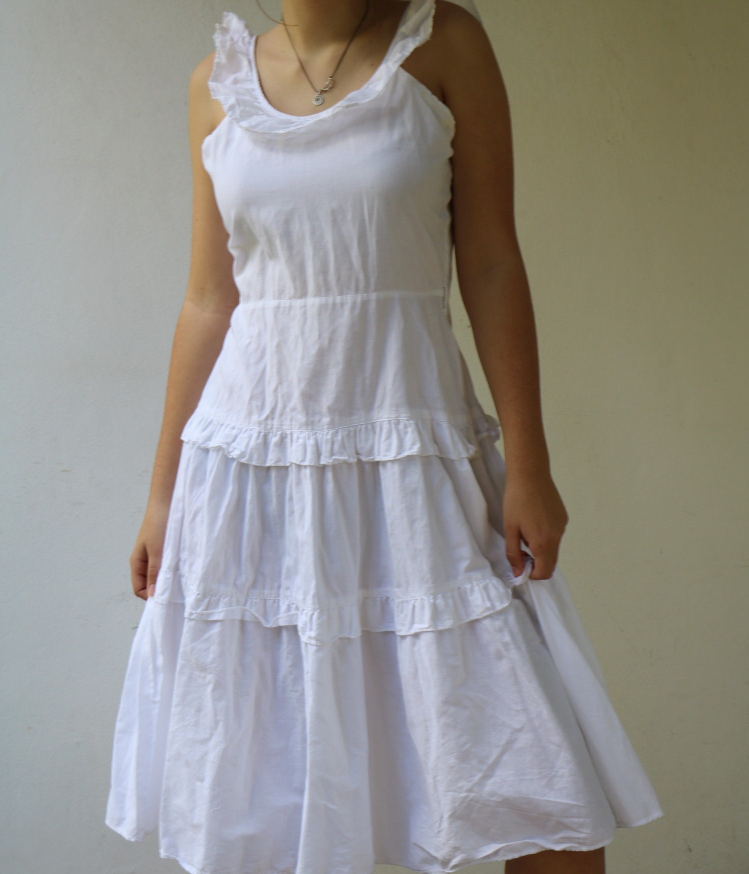 Vintage White Dress 70s Boho Minimalist Tiered Midi Dress// S | Etsy