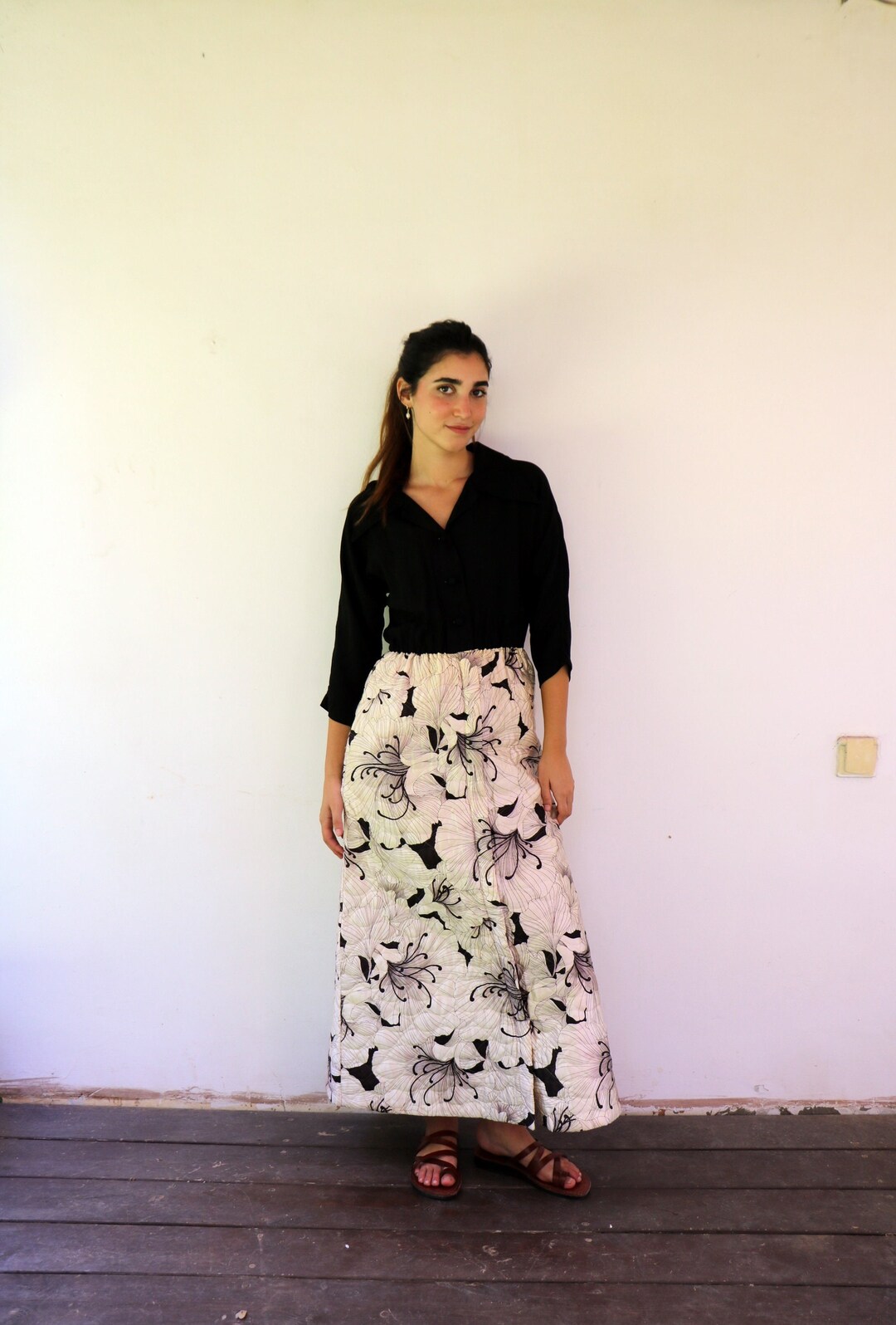 Quilted Skirt Maxi Dress, Vintage Boho Hippy 60s Quilt Floral Black