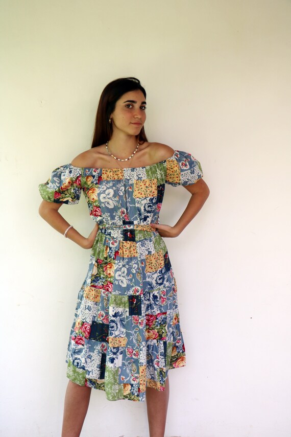 Vintage 80s Off Shoulder Patchwork Dress, Boho Fl… - image 6