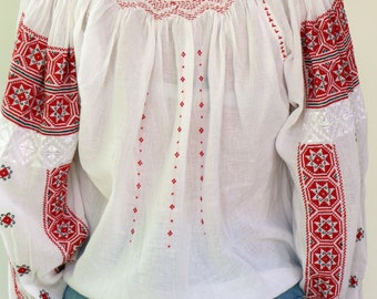Romanian Blouse, Vintage 60s Hand Embroidered White Red