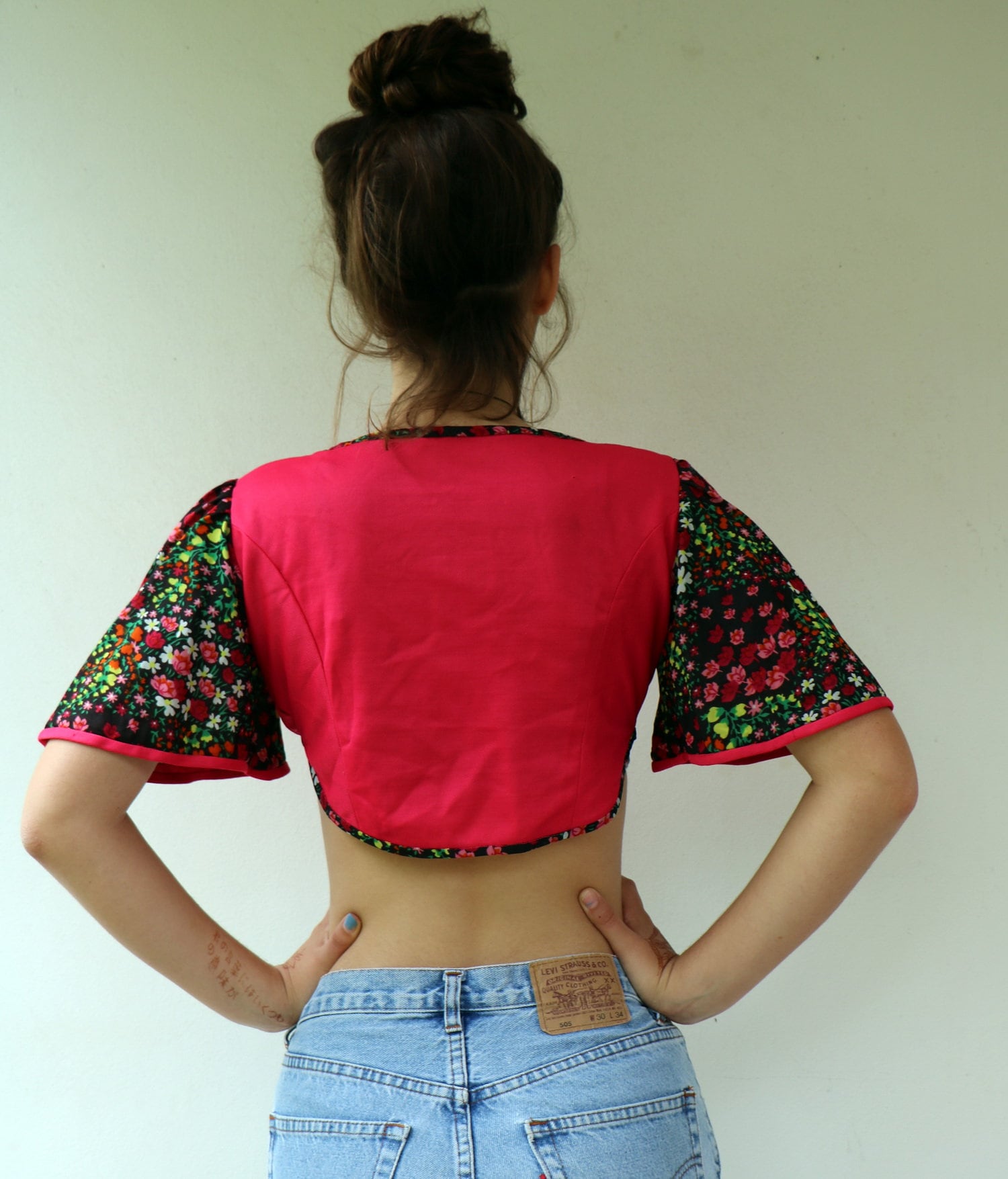 Vintage Crop Blouse, 70s Boho Hippy Pink Floral Bell Sleeves