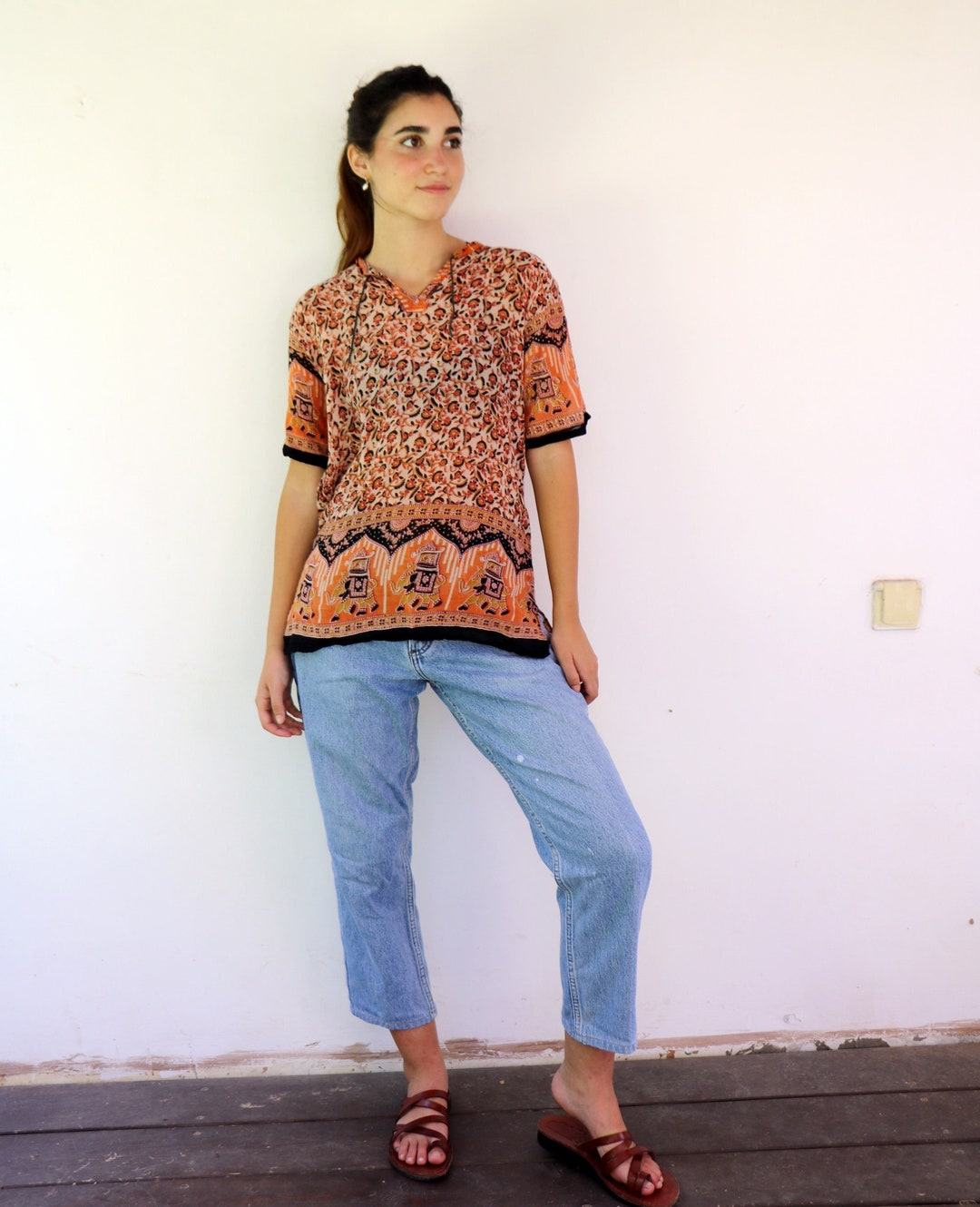 Indian Gauze Blouse, Vintage 70s 1970s Orange Hand Block Printed Floral