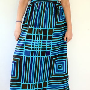 Geometric Skirt, Vintage 70s Boho Hippie Maxi High Waist A Line Striped Squared Blue Brown Cotton Hippy Dress 1970s// S image 6