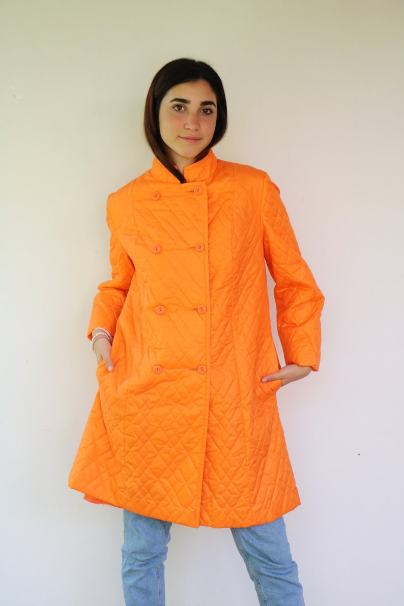 Quilted Coat, Vintage 50s 60s Boho Hippie Orange Puffer Hippy Lady Utex Mod Double Breast Coat Dress The Aristocrat of Fashion 1960s // O.S image 1