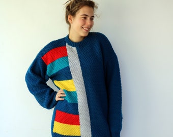 Geometric Hand Knit Sweater, Vintage 80s Knitted Blue Red Yellow Boho Hippie Dress Tunic Hippy Pullover Oversize Sweater 90s // O.S