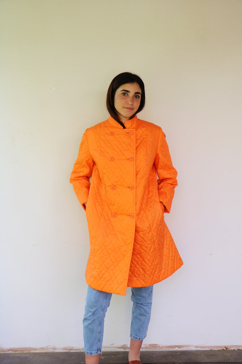 Quilted Coat, Vintage 50s 60s Boho Hippie Orange Puffer Hippy Lady Utex Mod Double Breast Coat Dress The Aristocrat of Fashion 1960s // O.S image 5