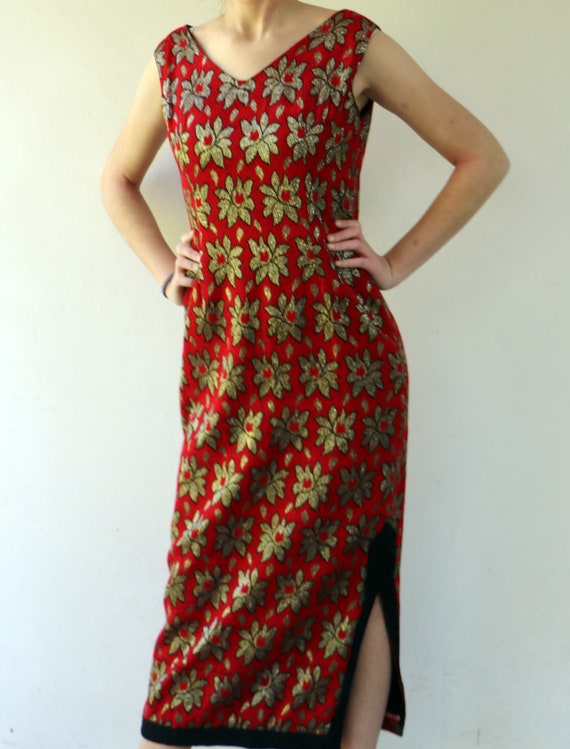 60s Glamour Dress, Vintage 1960s Floral Red and G… - image 4