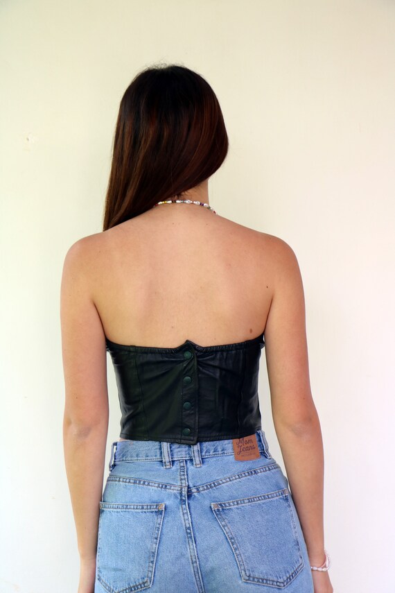 Black Leather Corset Bustier Top, Vintage 70s 80s Boh… Gem