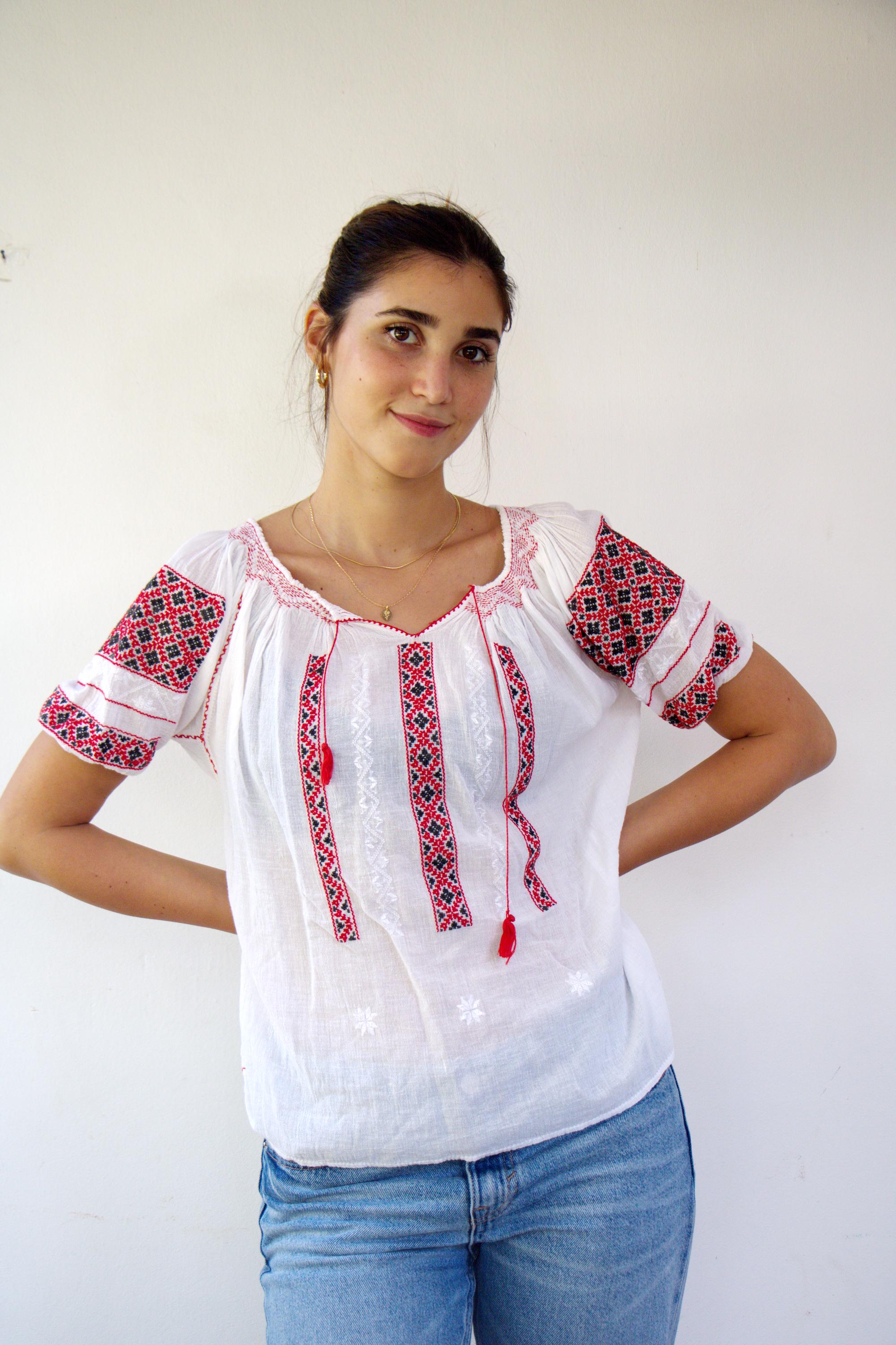 Vintage Romanian Peasant Blouse – Red Embroidered Boho Top