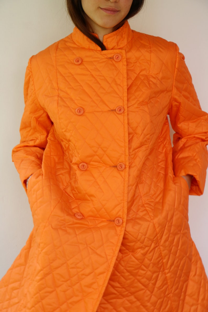 Quilted Coat, Vintage 50s 60s Boho Hippie Orange Puffer Hippy Lady Utex Mod Double Breast Coat Dress The Aristocrat of Fashion 1960s // O.S image 4