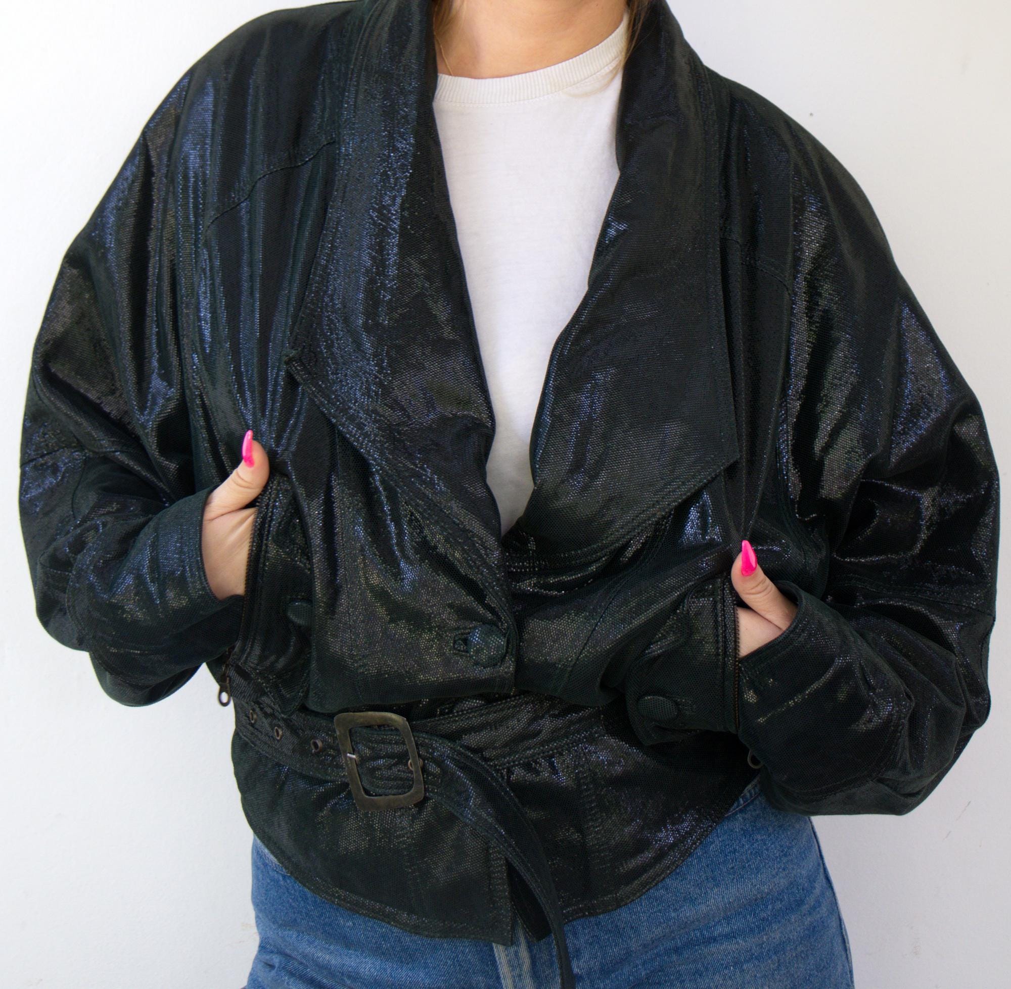 80s Vintage Dark Green Leather Jacket, Metallic Sheen High