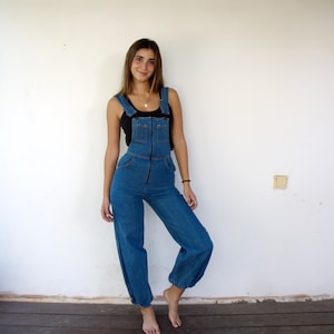 Vintage 70s Pick a Pocket Denim Overalls – Blue Jean Harem Jumpsuit with Zipper Front, High Waist Boho Hippie Style // XS
