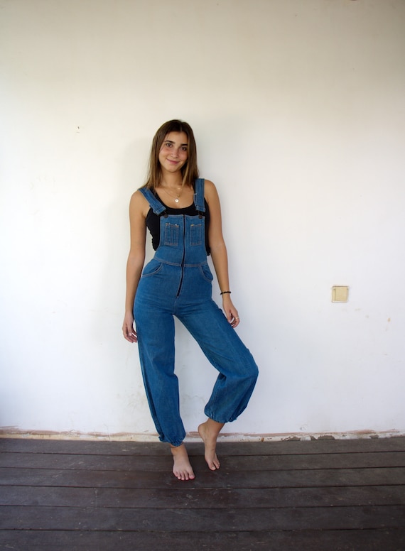 Vintage 70s Denim Overalls Balloon Leg High Waist Zip Front Blue