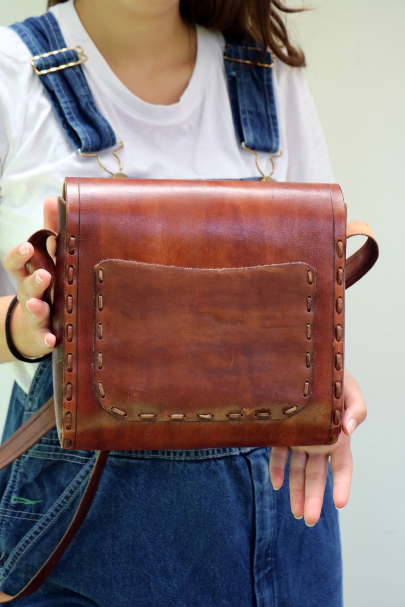 Tooled Leather Bag , Vintage 70s Handmade Brown Boho Hippie Celtic Handbag Shoulder Messenger Hippy 1970s image 4